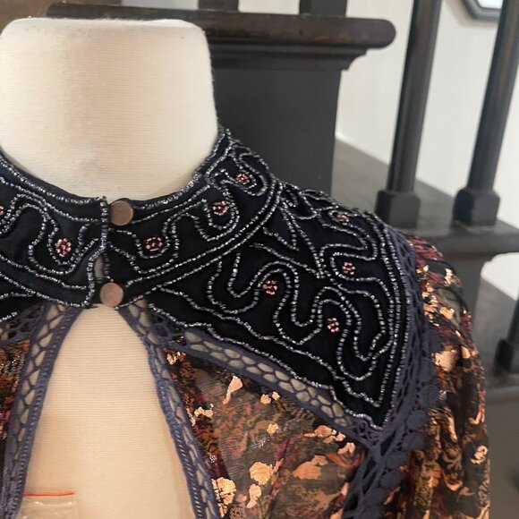 071 Free People Camille Embellished Beaded Foil Statement Top Blouse - Picture 12 of 14